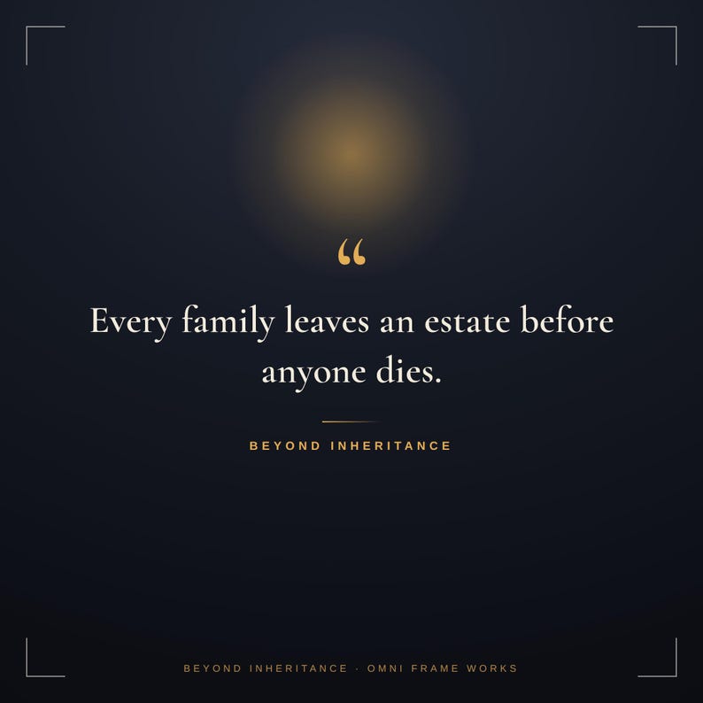 Op de afbeelding: Een donkerblauwe grafische print met gouden aanhalingstekens boven de witte tekst: Every family leaves an estate before anyone dies. Daaronder staat in gouden letters: BEYOND INHERITANCE. Onderaan staat in kleine gouden letters: BEYOND INHERITANCE OMNI FRAME WORKS.