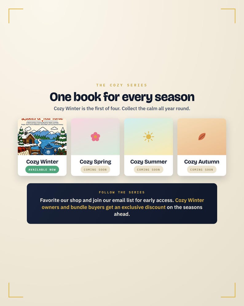 May include: A promotional graphic for The Cozy Series featuring four book covers: Cozy Winter, Cozy Spring, Cozy Summer, and Cozy Autumn. The text reads One book for every season, Cozy Winter is the first of four. Collect the calm all year round.