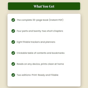 May include: A digital product information sheet titled Omni Frame Works What You Get. It lists features including a 33-page PDF book, four parts, twenty-two chapters, eight fillable trackers, a clickable table of contents, and two editions.