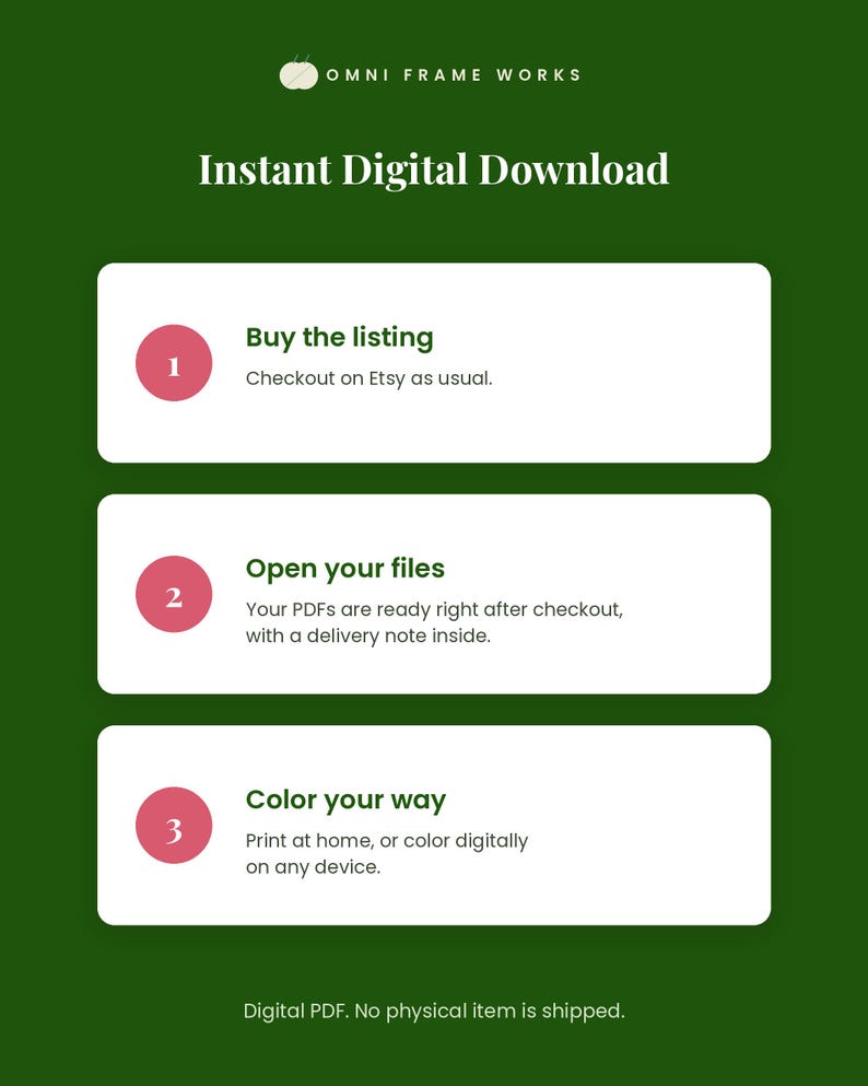 May include: A dark green informational graphic titled Instant Digital Download by Omni Frame Works. It outlines three steps: 1. Buy the listing, 2. Open your files, and 3. Color your way. Each step is in a white box with a pink numbered circle.