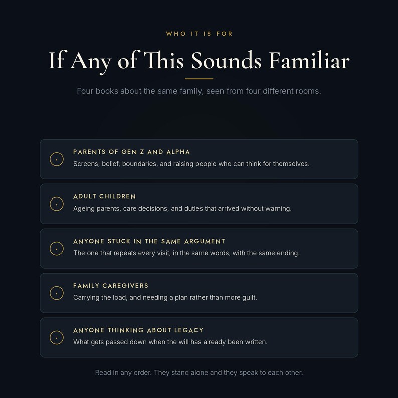 May include: A dark blue informational graphic titled "If Any of This Sounds Familiar" listing five categories of readers for a book series: Parents of Gen Z and Alpha, Adult Children, Anyone Stuck in the Same Argument, Family Caregivers, and Anyone Thinking About Legacy.