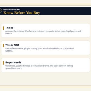 Peut inclure: Un graphique informatif intitul&eacute; Omni Frame Works Know Before You Buy. Il pr&eacute;sente trois sections : This IS, incluant un mod&egrave;le d'importation WooCommerce bas&eacute; sur un tableur, un guide, des pages l&eacute;gales et une licence ; This is NOT ; et Buyer Needs.