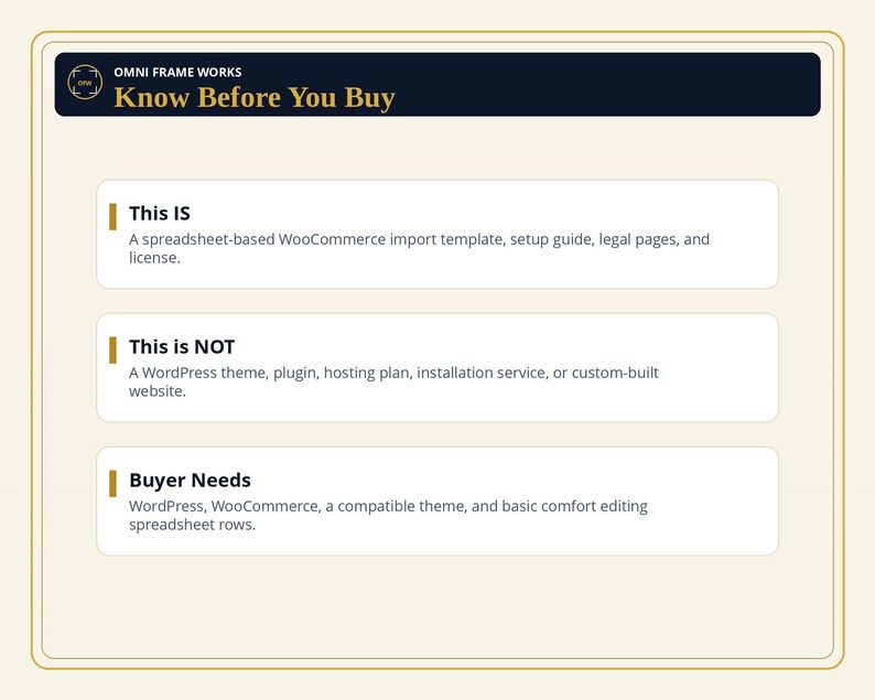 Peut inclure: Un graphique informatif intitul&eacute; Omni Frame Works Know Before You Buy. Il pr&eacute;sente trois sections : This IS, incluant un mod&egrave;le d'importation WooCommerce bas&eacute; sur un tableur, un guide, des pages l&eacute;gales et une licence ; This is NOT ; et Buyer Needs.