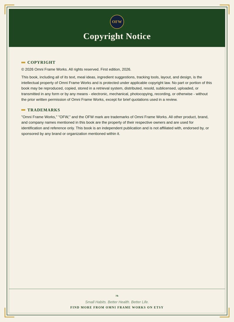 May include: A document page titled Copyright Notice with a dark green header containing the OFW logo. The text outlines copyright and trademark information for Omni Frame Works, 2026. The footer includes the text Small Habits. Better Health. Better Life.
