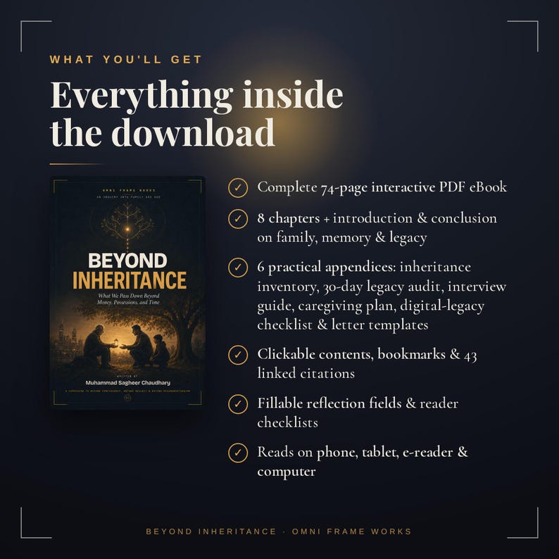 Op de afbeelding: Een digitale download getiteld Beyond Inheritance door Muhammad Sagheer Chaudhary, met een interactief 74-pagina's tellend PDF-eBook met 8 hoofdstukken, 6 praktische bijlagen, klikbare inhoud, invulbare reflectievelden en lezerschecklists.