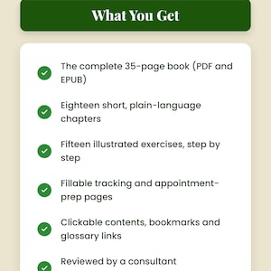 Może przedstawiać: Karta informacyjna produktu zatytułowana What You Get od Omni Frame Works. Zawiera listę funkcji, w tym 35-stronicową książkę w formatach PDF i EPUB, osiemnaście rozdział&oacute;w w prostym języku, piętnaście ilustrowanych ćwiczeń oraz strony do wypełniania.