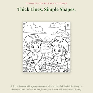 May include: A coloring page featuring two children wearing helmets and riding bicycles near a lighthouse and ocean. The text reads OMNI FRAME WORKS, DESIGNED FOR RELAXED COLORING, Thick Lines. Simple Shapes., and Bold outlines and large open areas.