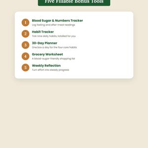 K&ouml;nnte beinhalten: Eine wei&szlig;e rechteckige Informationskarte mit dem Titel Five Fillable Bonus Tools von Omni Frame Works. Sie listet f&uuml;nf Punkte auf: Blood Sugar & Numbers Tracker, Habit Tracker, 30-Day Planner, Grocery Worksheet und Weekly Reflection, mit dem Text Small steps &middot; Big change am unteren Rand.