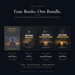May include: A digital book bundle titled Four Books. One Bundle. featuring four titles from the Beyond series: Beyond Complacency, Beyond Neglect, Beyond Misunderstanding, and Beyond Inheritance. Each book cover displays dark, atmospheric illustrations and text.