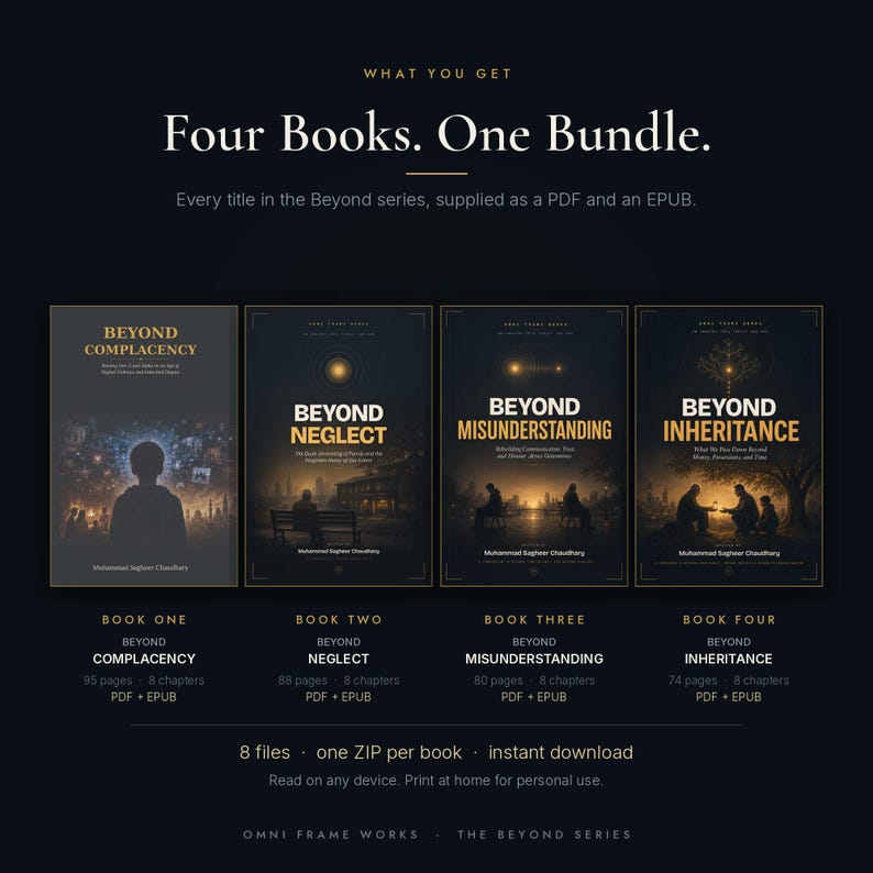 May include: A digital book bundle titled Four Books. One Bundle. featuring four titles from the Beyond series: Beyond Complacency, Beyond Neglect, Beyond Misunderstanding, and Beyond Inheritance. Each book cover displays dark, atmospheric illustrations and text.