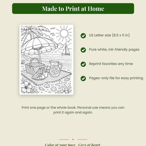 May include: A digital coloring page featuring a beach picnic scene with a basket, pitcher, fruit, umbrella, palm tree, and sailboat. Text includes OMNI FRAME WORKS, Made to Print at Home, US Letter size 8.5 x 11 in, Pure white, ink-friendly pages, Reprint favorites any time, Pages-only file for easy printing, Print one page or the whole book. Personal use means you can print it again and again. Color at your pace. Cozy at heart.