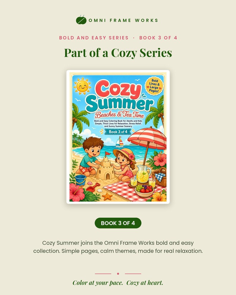 May include: A coloring book titled Cozy Summer Beaches & Tea Time, part of the Omni Frame Works Bold and Easy Series. The cover features a beach scene with two children building a sandcastle, a red and white striped umbrella, and a picnic.