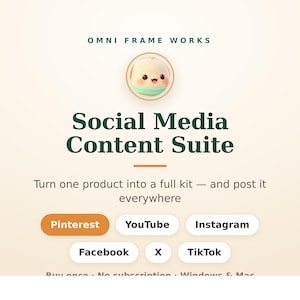 Peut inclure: Un graphique num&eacute;rique intitul&eacute; OMNI FRAME WORKS Social Media Content Suite avec une ic&ocirc;ne de personnage de dessin anim&eacute;. Le texte indique : Turn one product into a full kit &mdash; and post it everywhere. Les boutons listent Pinterest, YouTube, Instagram, Facebook, X, TikTok.
