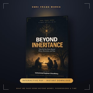Op de afbeelding: Een boekomslag getiteld Beyond Inheritance door Muhammad Sagheer Chaudhary. De donkere omslag bevat een gloeiende boomafbeelding, een silhouet van twee volwassenen en een kind onder een boom met een lantaarn, en de tekst Interactive PDF Instant Download.