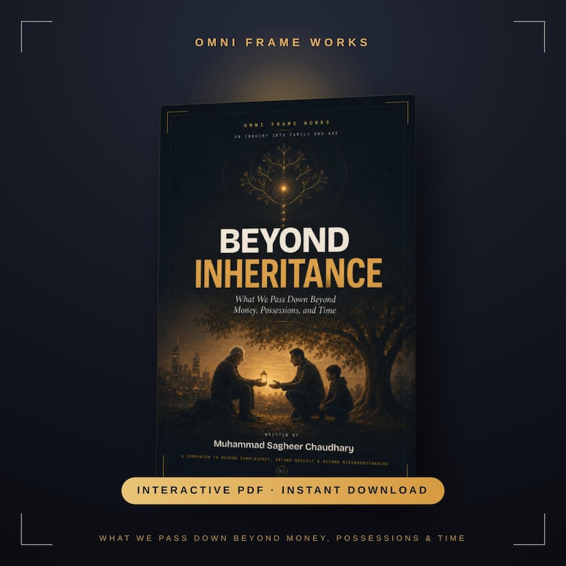 Op de afbeelding: Een boekomslag getiteld Beyond Inheritance door Muhammad Sagheer Chaudhary. De donkere omslag bevat een gloeiende boomafbeelding, een silhouet van twee volwassenen en een kind onder een boom met een lantaarn, en de tekst Interactive PDF Instant Download.