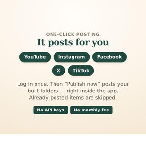 Peut inclure: Un graphique num&eacute;rique avec le texte ONE-CLICK POSTING It posts for you. Il liste YouTube, Instagram, Facebook, X et TikTok. Le texte indique : Log in once. Then Publish now posts your built folders &mdash; right inside the app. No API keys No monthly fee.