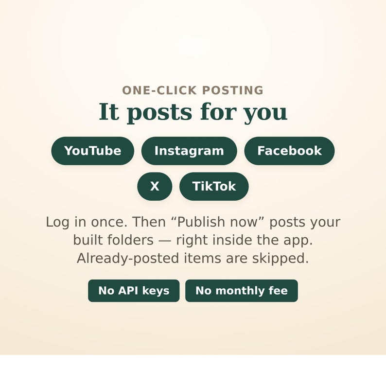 Peut inclure: Un graphique num&eacute;rique avec le texte ONE-CLICK POSTING It posts for you. Il liste YouTube, Instagram, Facebook, X et TikTok. Le texte indique : Log in once. Then Publish now posts your built folders &mdash; right inside the app. No API keys No monthly fee.