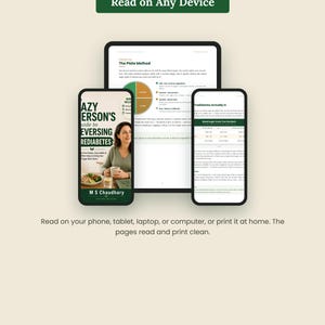 K&ouml;nnte beinhalten: Ein digitaler Ratgeber mit dem Titel Lazy Person's Guide to Reversing Prediabetes von M S Chaudhary auf einem Tablet und zwei Smartphones. Die Bildschirme zeigen Text, Diagramme und das Cover. Text enth&auml;lt Omni Frame Works und Read on Any Device.