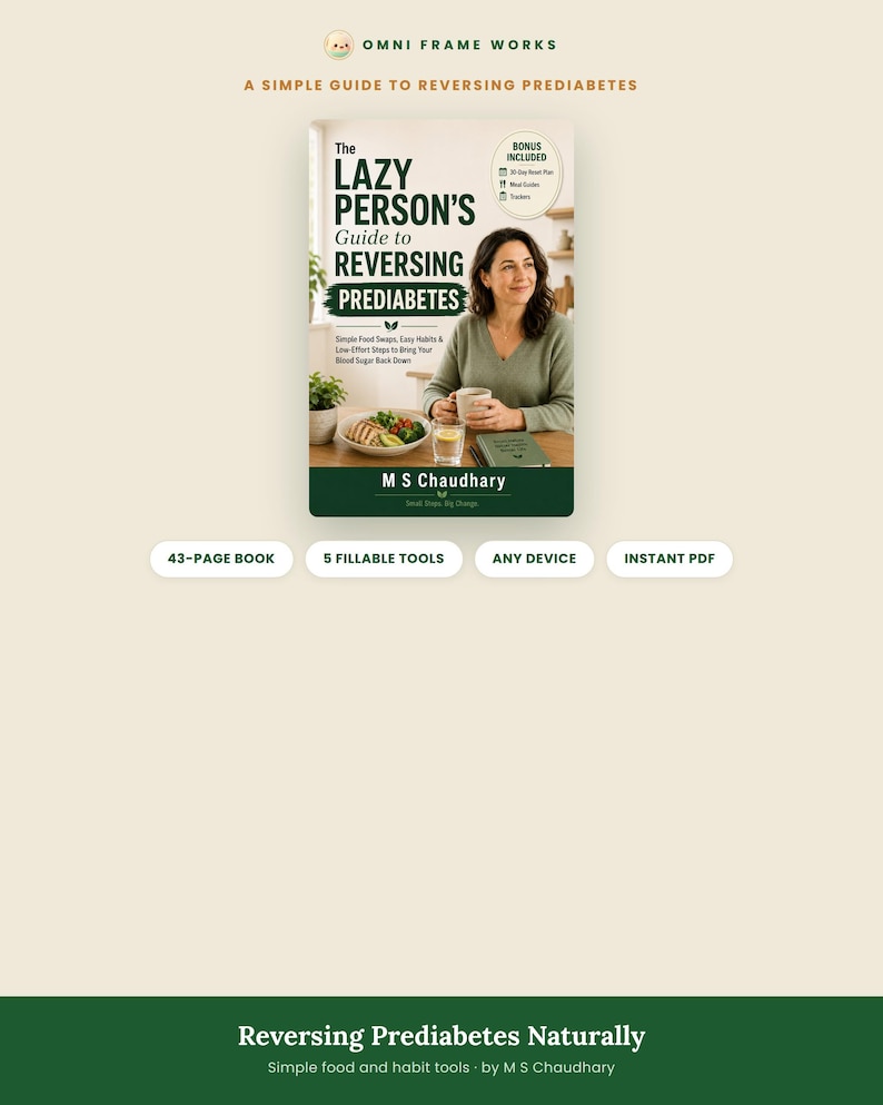 K&ouml;nnte beinhalten: Ein digitales Buchcover mit dem Titel The Lazy Person's Guide to Reversing Prediabetes von M S Chaudhary. Das Cover zeigt eine Person mit einer Tasse, einen Teller mit Essen und Text &uuml;ber einfache Ern&auml;hrungsgewohnheiten. Enth&auml;lt 43-seitiges Buch, 5 ausf&uuml;llbare Tools, jedes Ger&auml;t und sofortigen PDF-Download.
