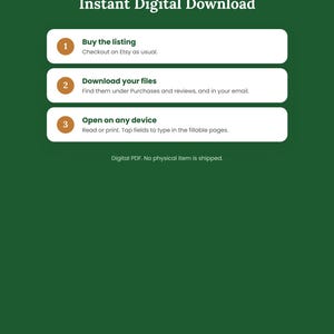 K&ouml;nnte beinhalten: Eine dunkelgr&uuml;ne Infografik mit dem Titel Instant Digital Download von Omni Frame Works. Sie beschreibt drei Schritte: 1. Buy the listing, 2. Download your files und 3. Open on any device. Der Text weist darauf hin, dass es sich um ein digitales PDF handelt.