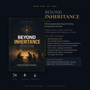 May include: A book titled Beyond Inheritance by Muhammad Sagheer Chaudhary, featuring a cover illustration of three people under a tree. The text lists eight chapters, including The Unwritten Family Constitution, and notes 74 pages and 6 appendices.