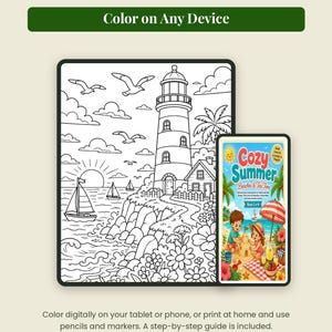 May include: A digital coloring page featuring a lighthouse, sailboat, and ocean scene displayed on a tablet screen, alongside a smartphone showing the book cover titled Cozy Summer Beaches & Tea Time with a colorful beach illustration.