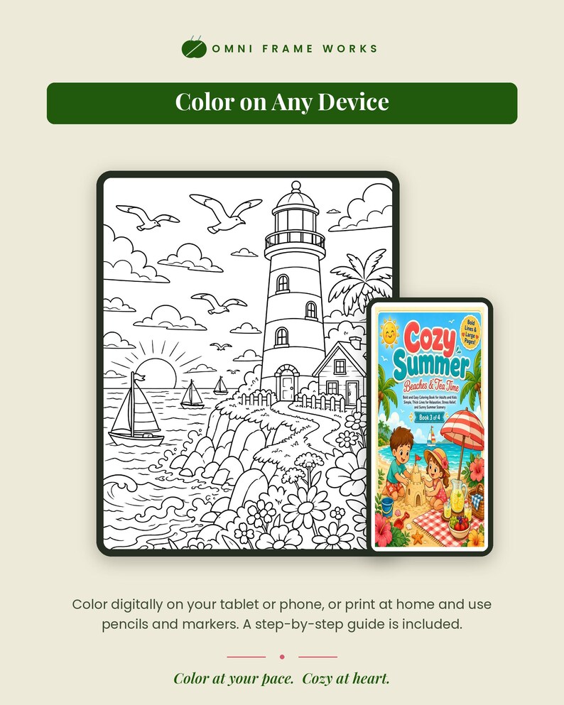 May include: A digital coloring page featuring a lighthouse, sailboat, and ocean scene displayed on a tablet screen, alongside a smartphone showing the book cover titled Cozy Summer Beaches & Tea Time with a colorful beach illustration.