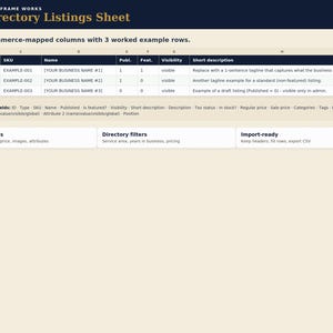 Peut inclure: Une feuille de calcul num&eacute;rique intitul&eacute;e Omni Frame Works Directory Listings Sheet, pr&eacute;sentant 25 colonnes mapp&eacute;es WooCommerce, trois lignes d'exemple avec des espaces r&eacute;serv&eacute;s pour SKU et nom d'entreprise, ainsi que des sections pour les champs mapp&eacute;s, les filtres de r&eacute;pertoire et les instructions d'importation.
