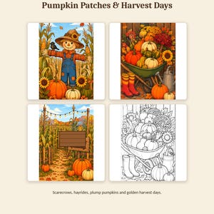 K&ouml;nnte beinhalten: Eine digitale Sammlung mit dem Titel Omni Frame Works Part 1 - 8 Coloring Pages Pumpkin Patches & Harvest Days. Sie enth&auml;lt vier Illustrationen: eine Vogelscheuche im Maisfeld, eine Schubkarre voller K&uuml;rbisse, einen Ernteweg und eine Strichzeichnung.