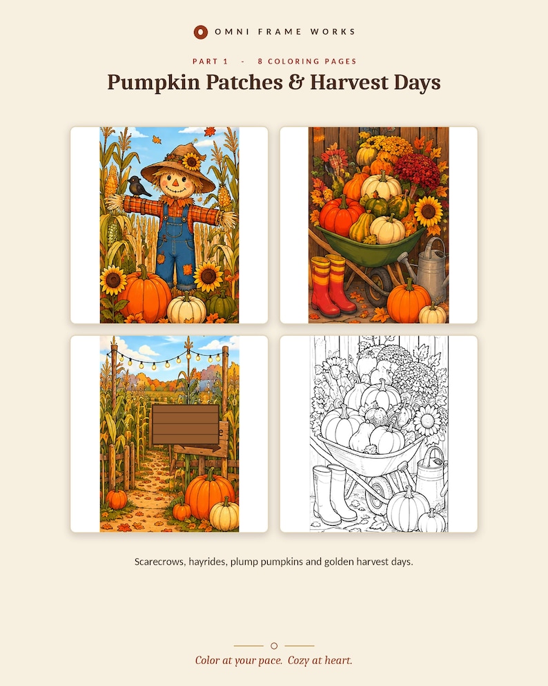 K&ouml;nnte beinhalten: Eine digitale Sammlung mit dem Titel Omni Frame Works Part 1 - 8 Coloring Pages Pumpkin Patches & Harvest Days. Sie enth&auml;lt vier Illustrationen: eine Vogelscheuche im Maisfeld, eine Schubkarre voller K&uuml;rbisse, einen Ernteweg und eine Strichzeichnung.
