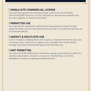 Peut inclure: Un document intitul&eacute; Omni Frame Works License & Terms avec un en-t&ecirc;te bleu fonc&eacute; et des accents dor&eacute;s. Il d&eacute;crit une licence commerciale pour un seul site, les utilisations autoris&eacute;es, l'usage en agence et les restrictions d'utilisation.