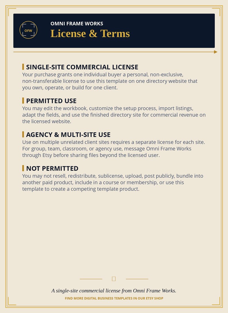 Peut inclure: Un document intitul&eacute; Omni Frame Works License & Terms avec un en-t&ecirc;te bleu fonc&eacute; et des accents dor&eacute;s. Il d&eacute;crit une licence commerciale pour un seul site, les utilisations autoris&eacute;es, l'usage en agence et les restrictions d'utilisation.