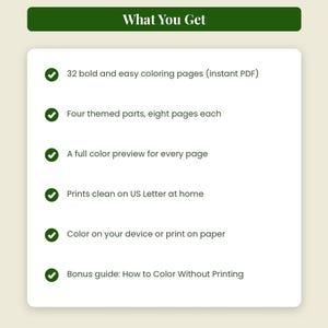 May include: A digital product information sheet titled What You Get from Omni Frame Works. It lists 32 bold and easy coloring pages as an instant PDF, four themed parts, full color previews, US Letter printing, digital coloring, and a bonus guide.