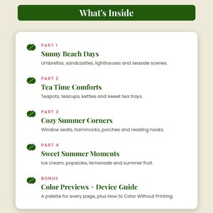 May include: A white informational card titled What's Inside from Omni Frame Works. It lists four parts: Sunny Beach Days, Tea Time Comforts, Cozy Summer Corners, and Sweet Summer Moments, plus a bonus section for Color Previews and Device Guide.