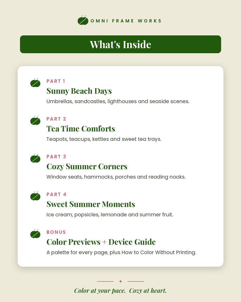 May include: A white informational card titled What's Inside from Omni Frame Works. It lists four parts: Sunny Beach Days, Tea Time Comforts, Cozy Summer Corners, and Sweet Summer Moments, plus a bonus section for Color Previews and Device Guide.