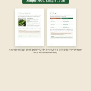 K&ouml;nnte beinhalten: Zwei offene Seiten eines Leitfadens mit dem Titel Omni Frame Works und dem Text Simple Food, Simple Tools. Die linke Seite behandelt st&auml;rkefreies Gem&uuml;se mit einem Foto von gr&uuml;nem Gem&uuml;se, w&auml;hrend die rechte Seite eine Tabelle mit Ern&auml;hrungstipps zeigt.