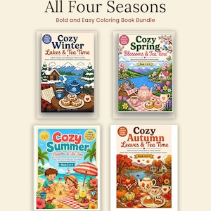 K&ouml;nnte beinhalten: Ein Set aus vier Malb&uuml;chern mit dem Titel All Four Seasons, bestehend aus Cozy Winter, Cozy Spring, Cozy Summer und Cozy Autumn. Jedes Buchcover zeigt saisonale Illustrationen mit Tee, Speisen und Landschaften. Das Set umfasst 128 Seiten.