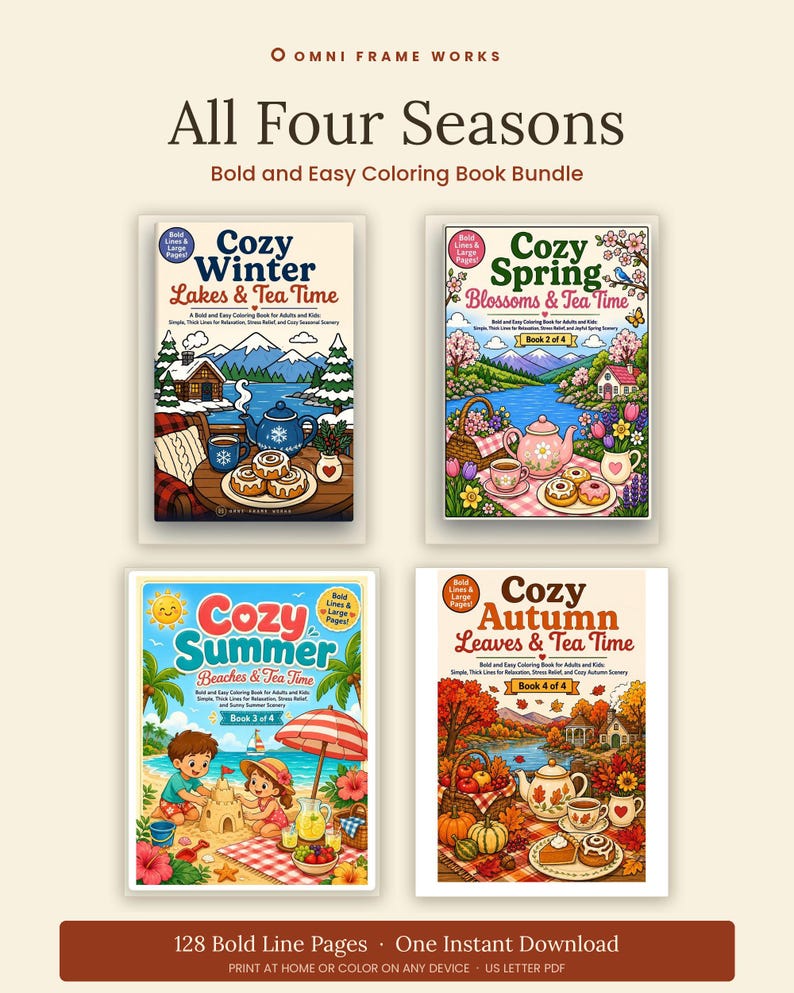 K&ouml;nnte beinhalten: Ein Set aus vier Malb&uuml;chern mit dem Titel All Four Seasons, bestehend aus Cozy Winter, Cozy Spring, Cozy Summer und Cozy Autumn. Jedes Buchcover zeigt saisonale Illustrationen mit Tee, Speisen und Landschaften. Das Set umfasst 128 Seiten.