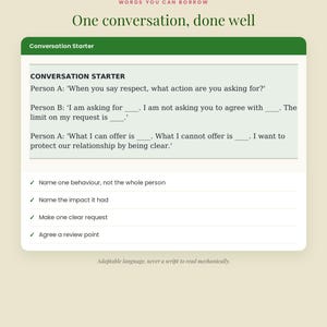 K&ouml;nnte beinhalten: Ein gedrucktes Dokument mit dem Titel Conversation Starter von Omni Frame Works. Es enth&auml;lt eine Dialogvorlage mit L&uuml;ckentexten f&uuml;r zwei Personen, um Respekt, Anfragen und Grenzen zu besprechen, gefolgt von einer Checkliste mit vier Schritten.