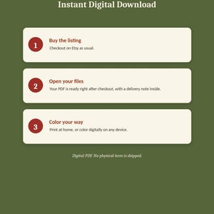 K&ouml;nnte beinhalten: Eine olivgr&uuml;ne Infografik mit dem Titel Instant Digital Download von Omni Frame Works. Sie listet drei Schritte auf: 1. Buy the listing, 2. Open your files und 3. Color your way, mit kurzen Anweisungen f&uuml;r jeden Schritt. Es steht Digital PDF No physical item is shipped.