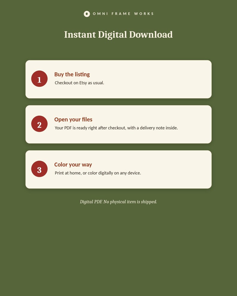 K&ouml;nnte beinhalten: Eine olivgr&uuml;ne Infografik mit dem Titel Instant Digital Download von Omni Frame Works. Sie listet drei Schritte auf: 1. Buy the listing, 2. Open your files und 3. Color your way, mit kurzen Anweisungen f&uuml;r jeden Schritt. Es steht Digital PDF No physical item is shipped.
