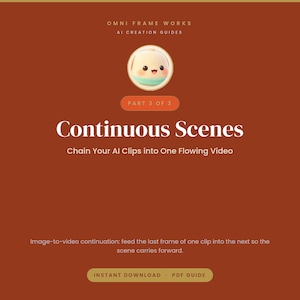 Puede incluir: Una guía digital titulada Omni Frame Works AI Creation Guides Part 3 of 3 Continuous Scenes. El gráfico presenta un icono de personaje de dibujos animados, texto que explica cómo encadenar clips de IA en un video y un botón de descarga PDF.
