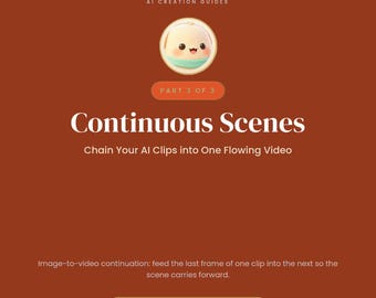 May include: A digital guide titled Omni Frame Works AI Creation Guides Part 3 of 3 Continuous Scenes. The graphic features a small cartoon character icon, text explaining how to chain AI clips into one video, and an instant download PDF button.