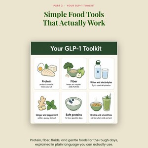 May include: An infographic titled Your GLP-1 Toolkit featuring six illustrated categories: Protein, Fiber, Water and electrolytes, Ginger and peppermint, Soft proteins, and Broths and smoothies, with descriptive text for each nutritional item.