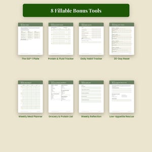May include: A collection of eight fillable digital planning sheets titled Omni Frame Works, featuring trackers for protein, fluid, habits, meals, and reflections, plus a 30-day reset and low-appetite rescue list, all presented on a light background.