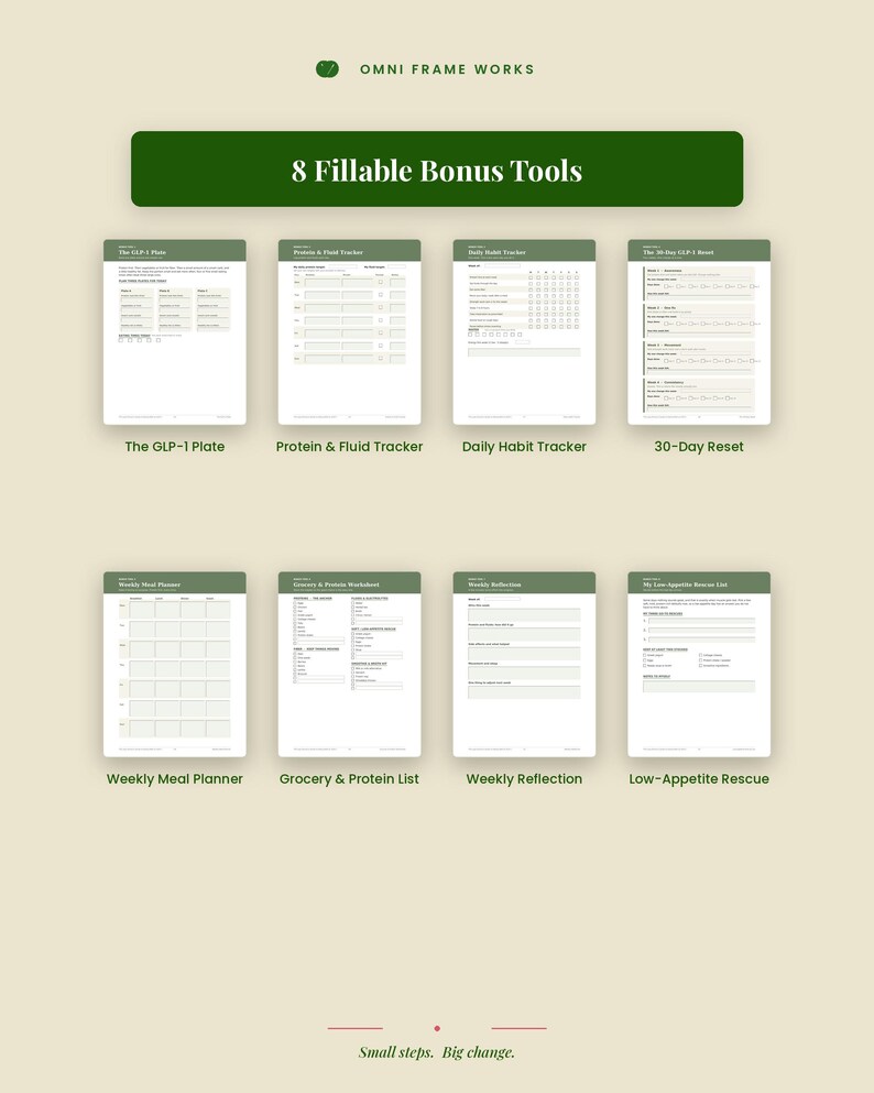 May include: A collection of eight fillable digital planning sheets titled Omni Frame Works, featuring trackers for protein, fluid, habits, meals, and reflections, plus a 30-day reset and low-appetite rescue list, all presented on a light background.