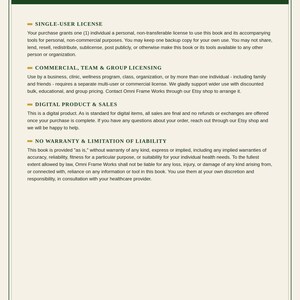 May include: A document titled License & Terms of Use with a dark green header and gold circular logo. It outlines policies for single-user, commercial, and group licensing, digital product sales, and a no warranty disclaimer for Omni Frame Works.