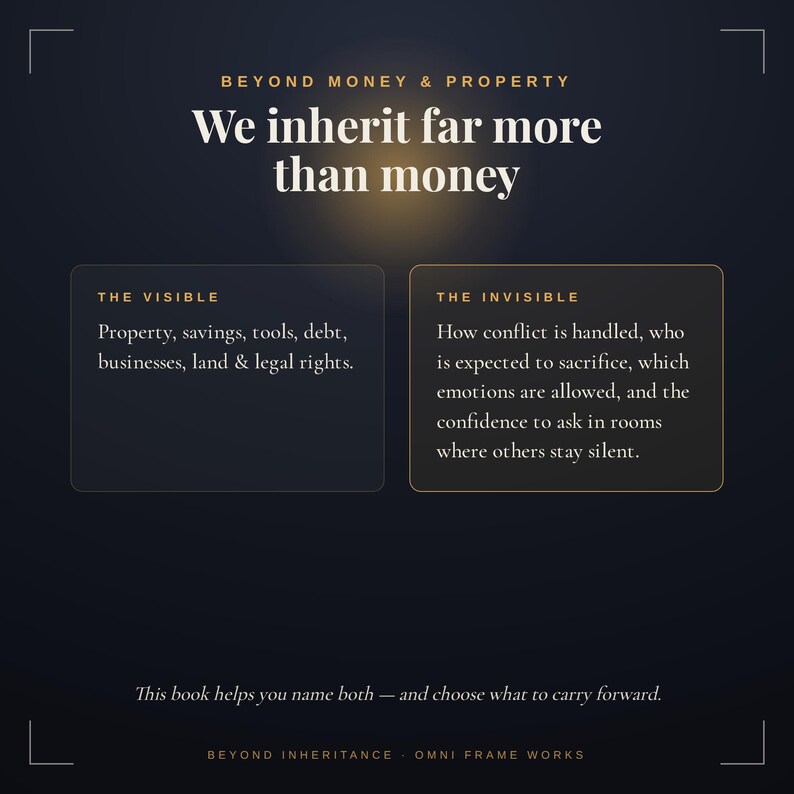 Op de afbeelding: Een donkerblauwe afbeelding met gouden tekst: BEYOND MONEY & PROPERTY, We inherit far more than money. Twee kaders met de titels THE VISIBLE en THE INVISIBLE sommen erffactoren op. De onderste tekst luidt: This book helps you name both&mdash;and choose what to carry forward.