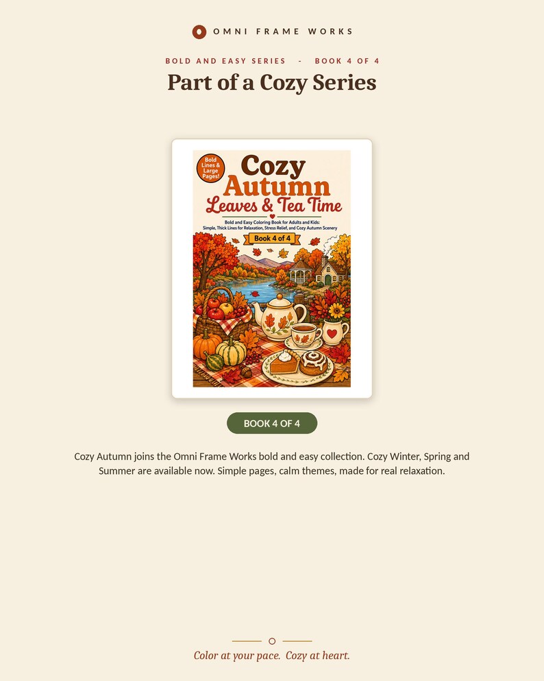 K&ouml;nnte beinhalten: Ein Malbuch mit dem Titel Cozy Autumn Leaves & Tea Time, Book 4 of 4, das ein Picknick mit K&uuml;rbissen, einer Teekanne und Geb&auml;ck an einem See zeigt. Das Cover enth&auml;lt den Text Bold Lines & Large Pages f&uuml;r Erwachsene und Kinder.
