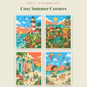 May include: A collection of 8 coloring pages titled Cozy Summer Corners by Omni Frame Works. The images feature colorful illustrations of a lighthouse, children exploring a rocky tide pool, beach huts, and a child flying a kite with a dog.